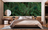  Фотообои Тропический рисунок с тропической зеленой пальмой, банановыми листьями Артикул u94341 на заказ по своим размерам от ТМ Walldeco в интерьере. Вариант 