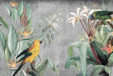  Фотообои Попугаи в тропических листьях и гранж-фон Артикул u94641 на заказ по своим размерам от ТМ Walldeco в интерьере. Вариант 1