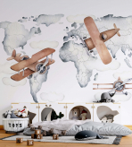  Фотообои Акварельная карта мира с самолетами Артикул u95871 на заказ по своим размерам от ТМ Walldeco в интерьере. Вариант 1