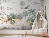  Фотообои Дизайн с милыми животными, тропическими деревьями и воздушными шарами Артикул u95899 на заказ по своим размерам от ТМ Walldeco в интерьере. Вариант 