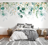  Фотообои Иллюстрация с зелеными золотыми листьями, белыми цветами, пионом и ветвями Артикул u96063 на заказ по своим размерам от ТМ Walldeco в интерьере. Вариант 