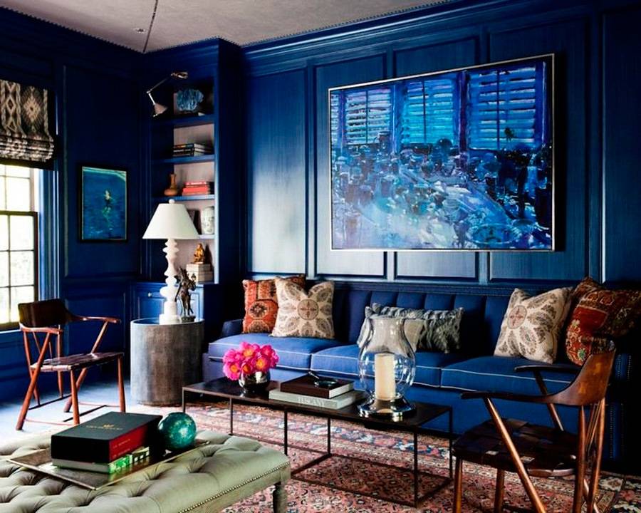 интерьер гостиной в синем