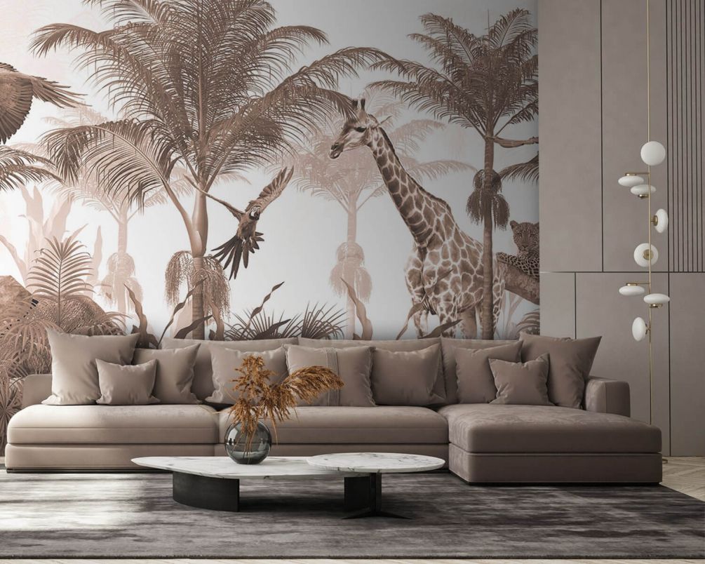 Фотообои Дизайн обоев тропических деревьев с животными Артикул u95906, купить фотообои на стену ТМ Walldeco
