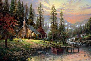 Картины томас кинкейд горы лес дом река лодка