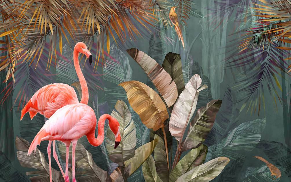 Фотообои Фламинго в тропическом лесу Артикул 54168, купить фотообои на стену ТМ Walldeco