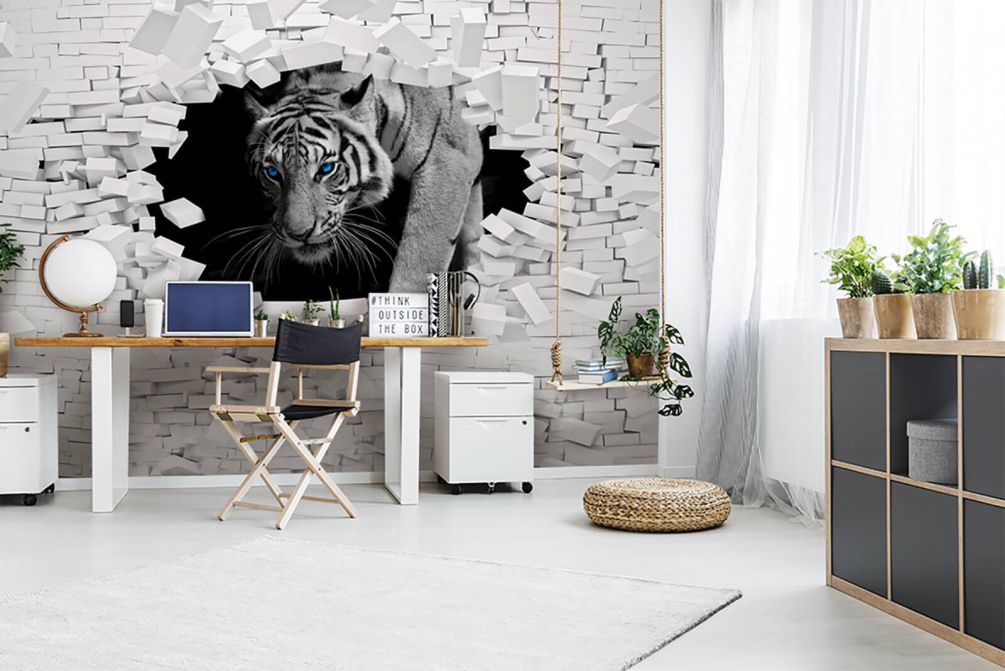 Фотообои Тигр выглядывает из дыры в стене Артикул u53013, купить фотообои на стену ТМ Walldeco