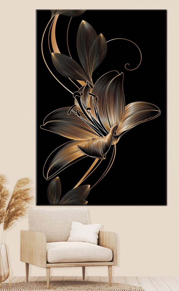 Картина Бесшовный цветочный узор с золотым цветком лилии Артикул s34437, купить картину на холсте ТМ Walldeco