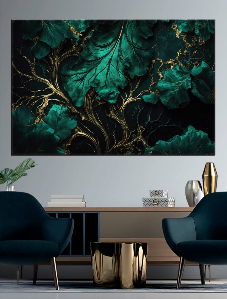 Картина Смарагдово-зеленый и золотой мармуровий живопись Артикул s34486, купить картину на холсте ТМ Walldeco