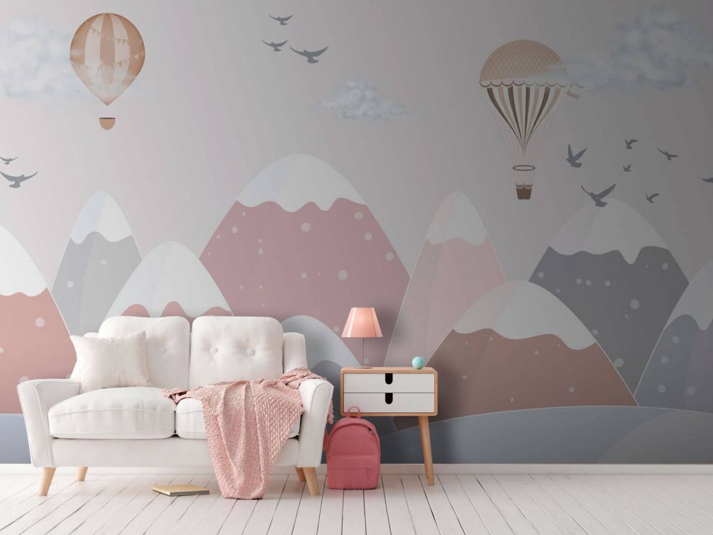 Фотообои Розовые снежные горы с шарами Артикул u95232, купить фотообои на стену ТМ Walldeco