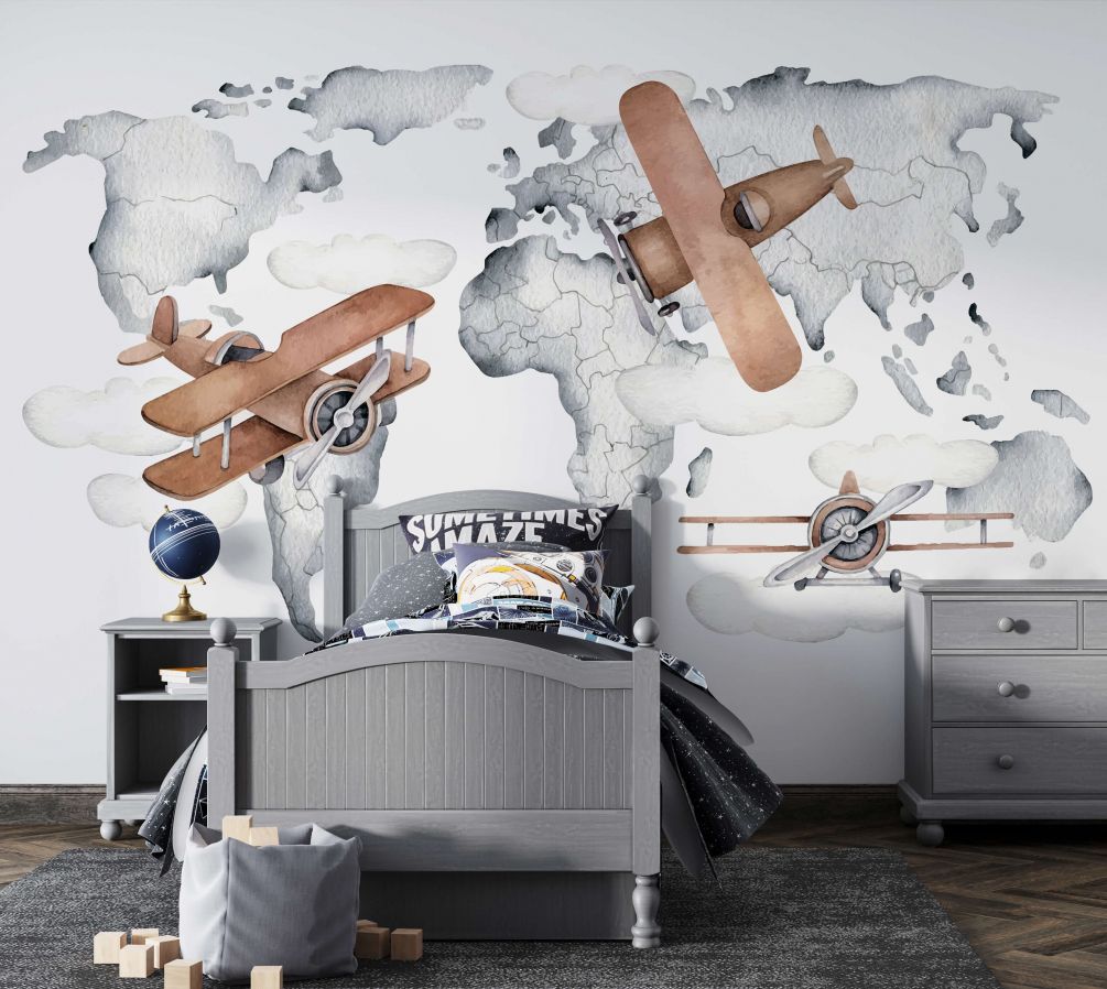 Фотообои Акварельная карта мира с самолетами Артикул u95871, купить фотообои на стену ТМ Walldeco