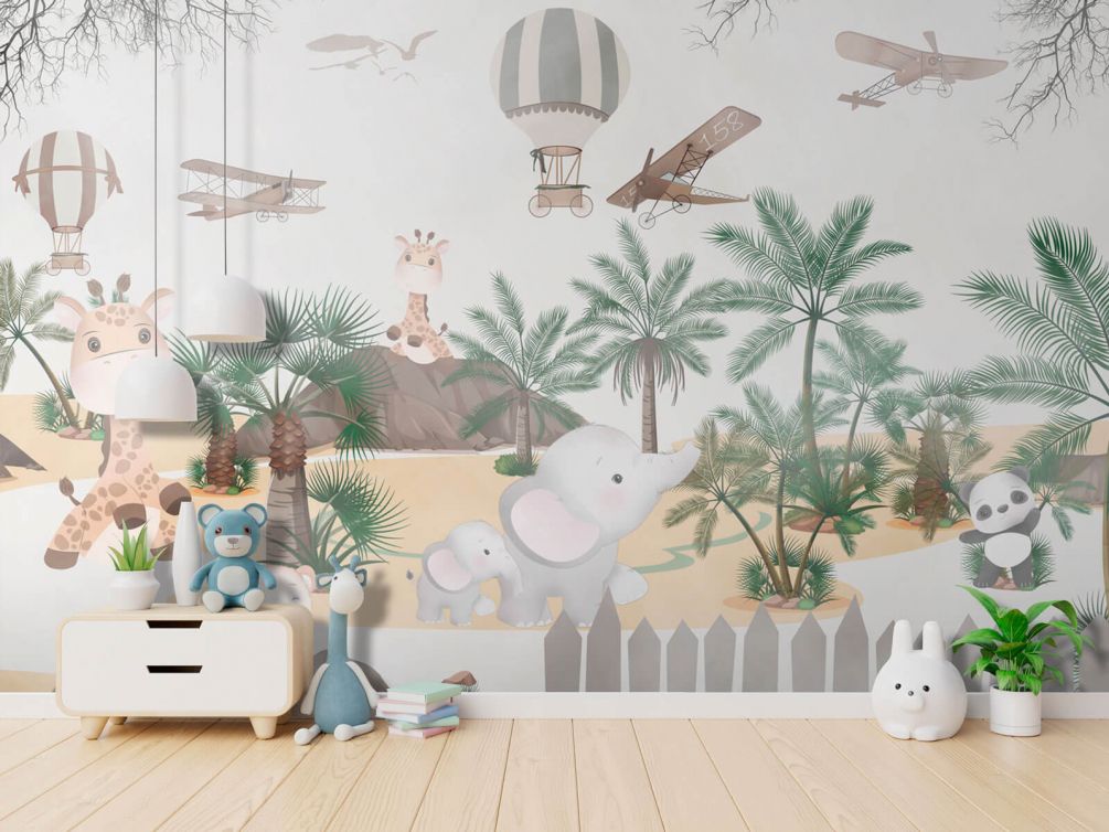 Фотообои Дизайн с милыми животными, тропическими деревьями и воздушными шарами Артикул u95899, купить фотообои на стену ТМ Walldeco