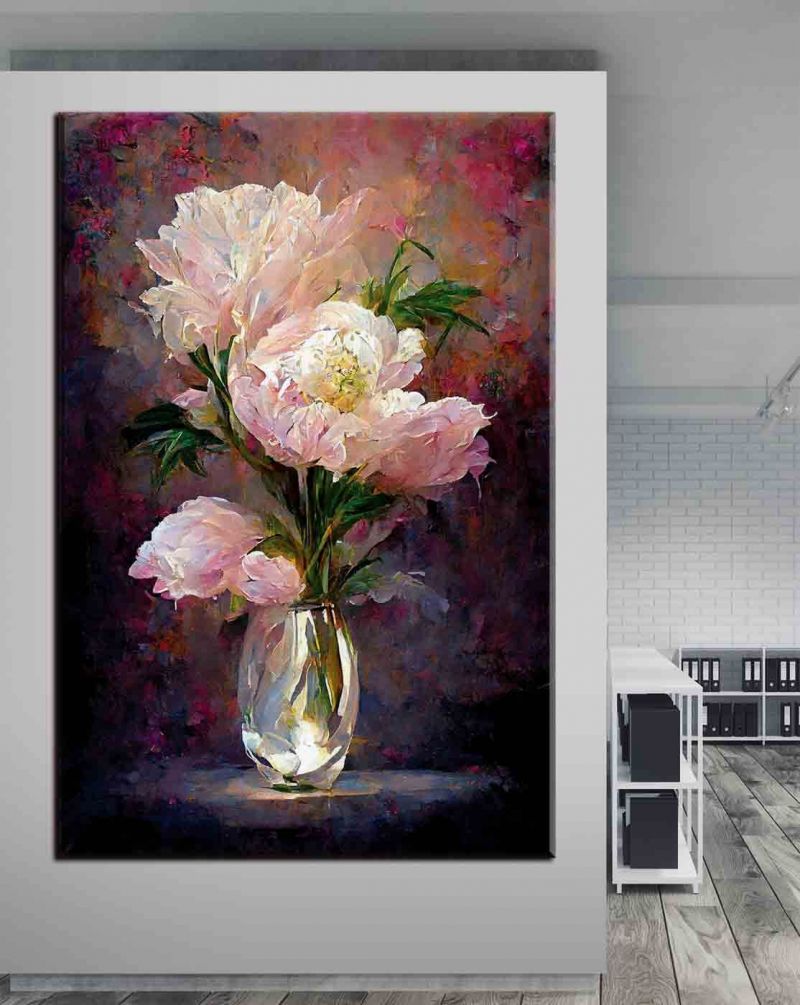 Картина Картина маслом розовых пионов в красивом букете в вазе Артикул s34618, купить картину на холсте ТМ Walldeco