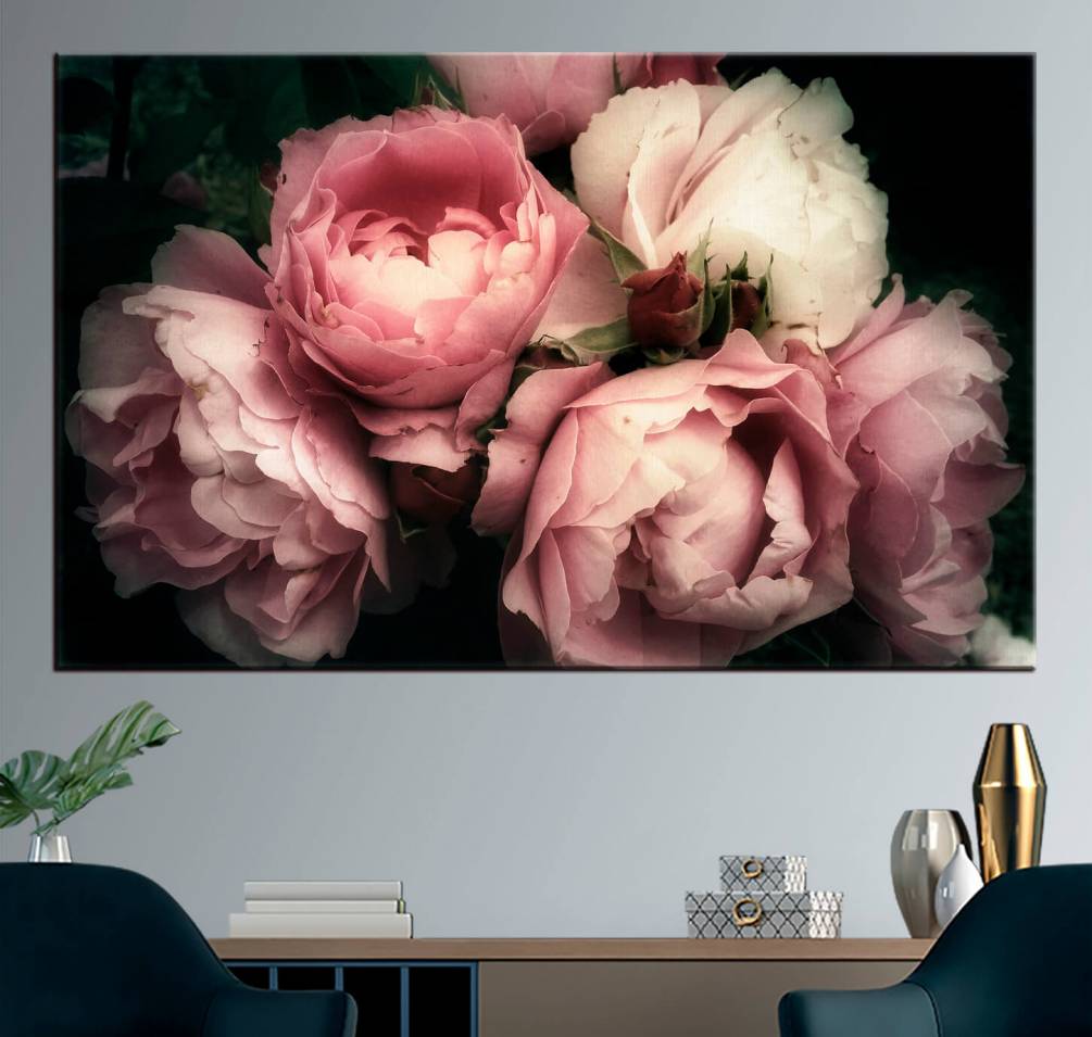 Картина Розовые пионы на черном фоне Артикул s35242, купить картину на холсте ТМ Walldeco