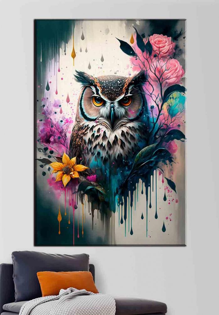 Картина Дневная сова с цветами Артикул s35348, купить картину на холсте ТМ Walldeco