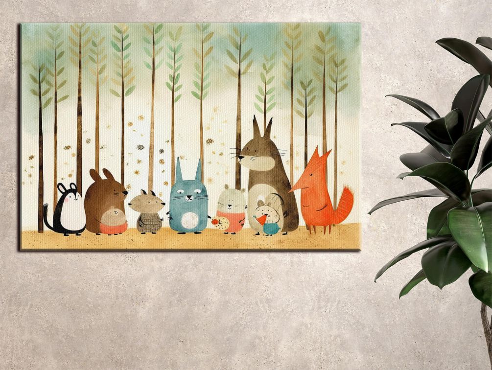 Картина Компания друзей в лесу Милые животные Артикул s32802, купить картину на холсте ТМ Walldeco