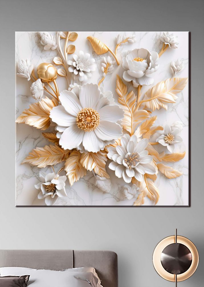 Картина 3D цветы на белом мраморе Артикул s32778, купить картину на холсте ТМ Walldeco