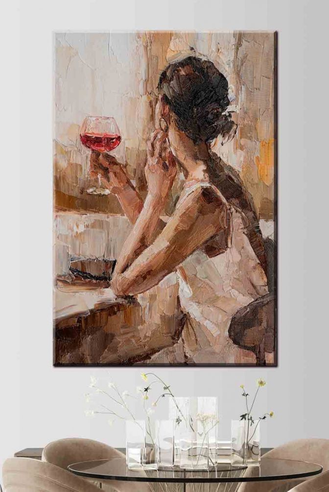 Картина Картина маслом молодая женщина держащая бокал вина Артикул s34590, купить картину на холсте ТМ Walldeco