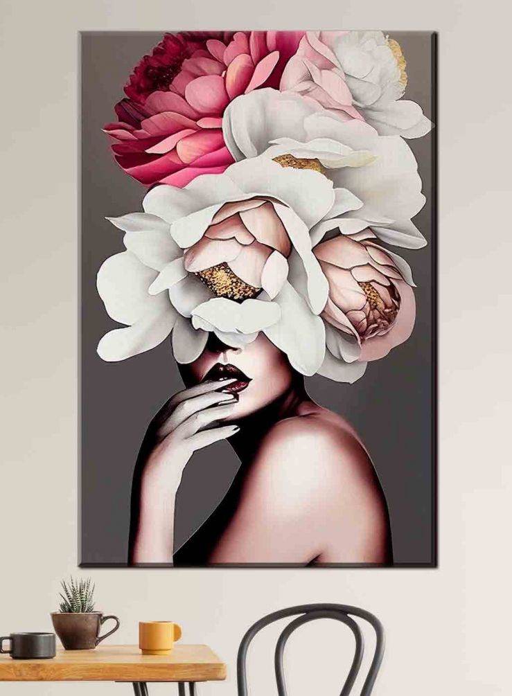 Картина Иллюстрация женщины с цветами на сером фоне Артикул s34601, купить картину на холсте ТМ Walldeco