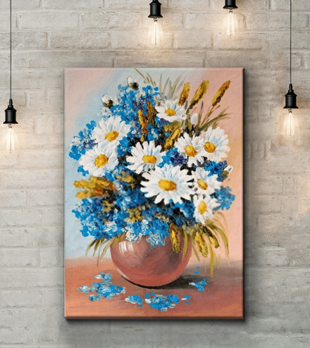 Картина Ромашки с синими цветами Артикул shut_420, купить картину на холсте ТМ Walldeco