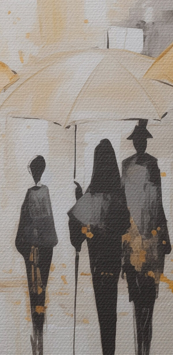 Painting of people walking with umbrellas