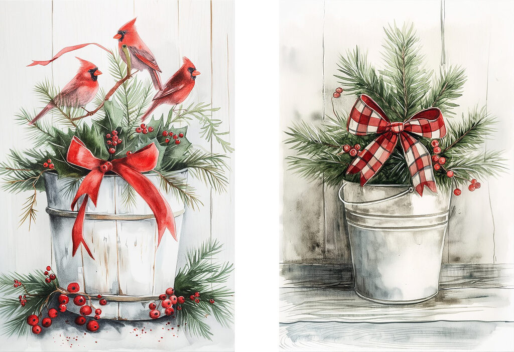 Two watercolor paintings of birds and a bucket of plants