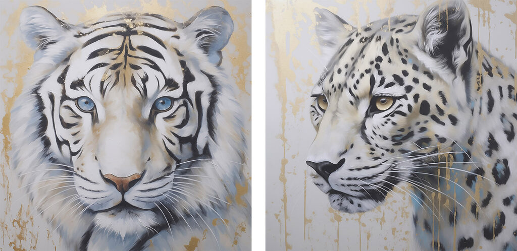 Two paintings of tigers and leopards