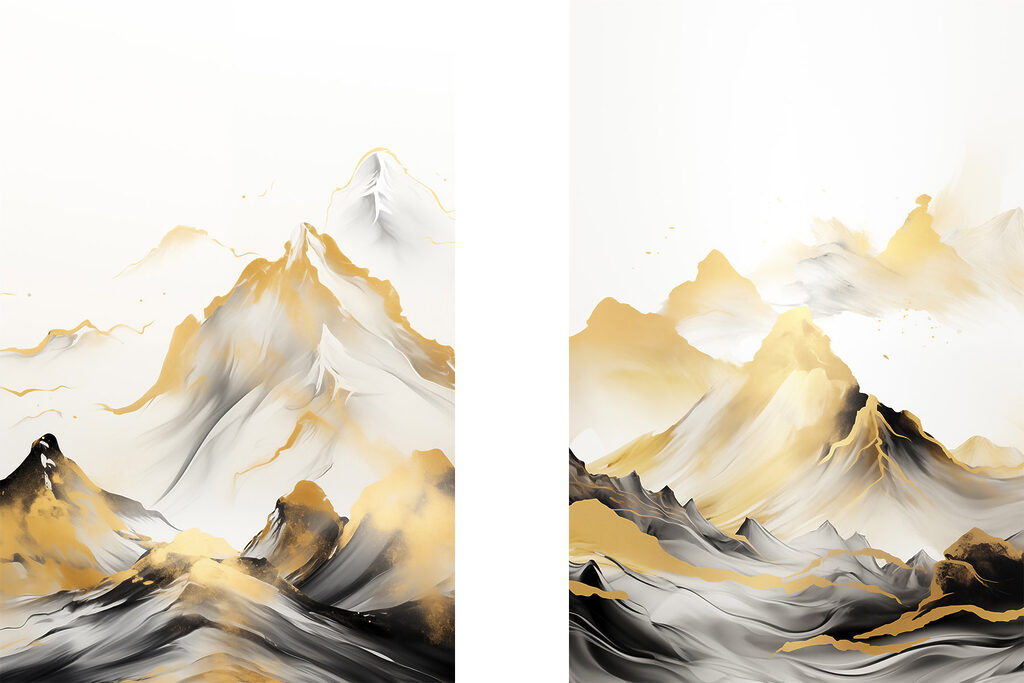 Painting of mountains and waves