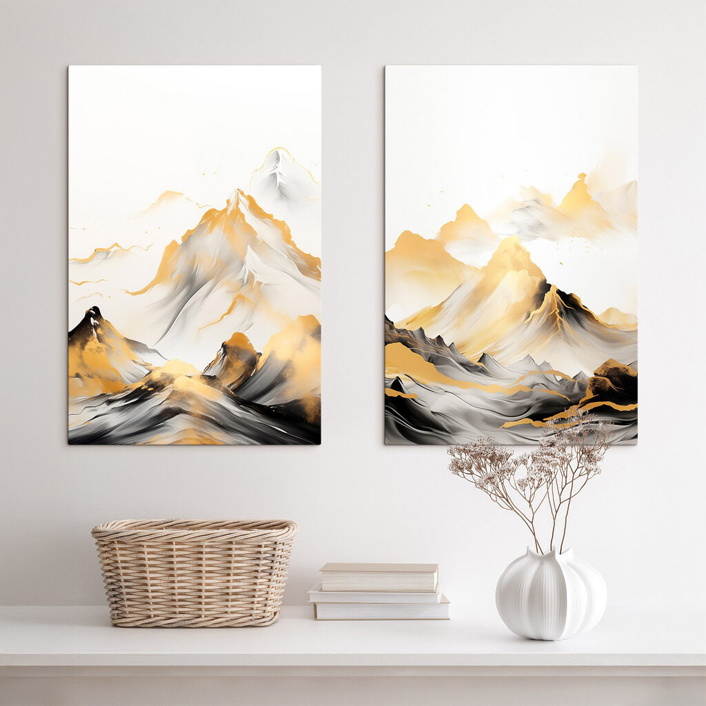 Painting of mountains and waves