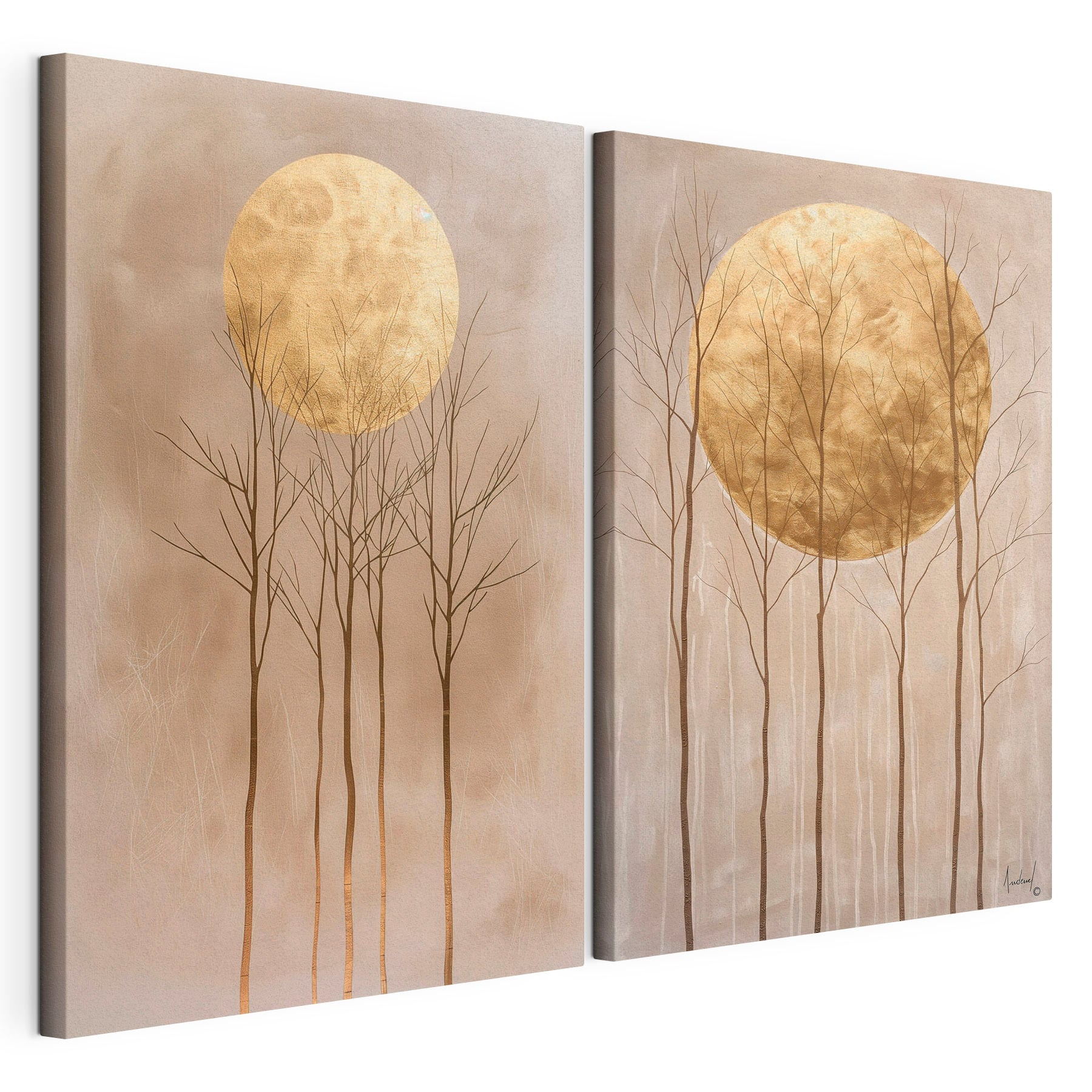 Two paintings of trees and the moon