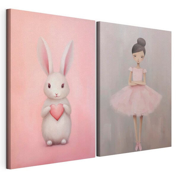 Two paintings of a girl and a rabbit