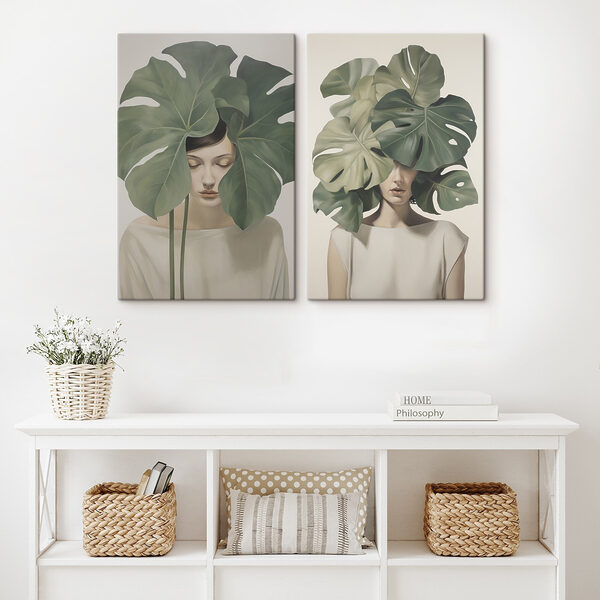 Two images of a woman with leaves on her head