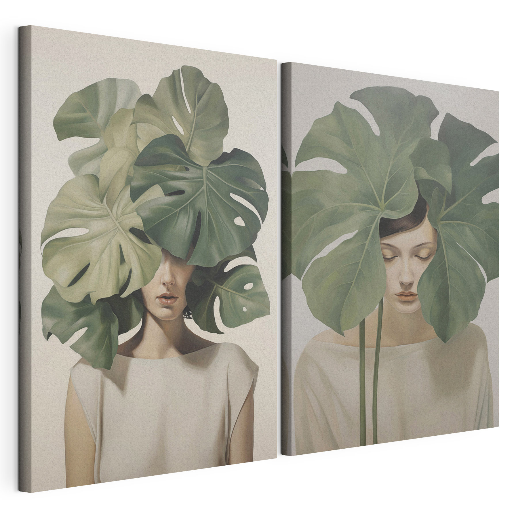 Two images of a woman with leaves on her head