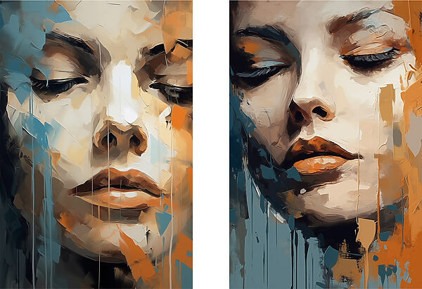 Woman's face with orange and blue paint