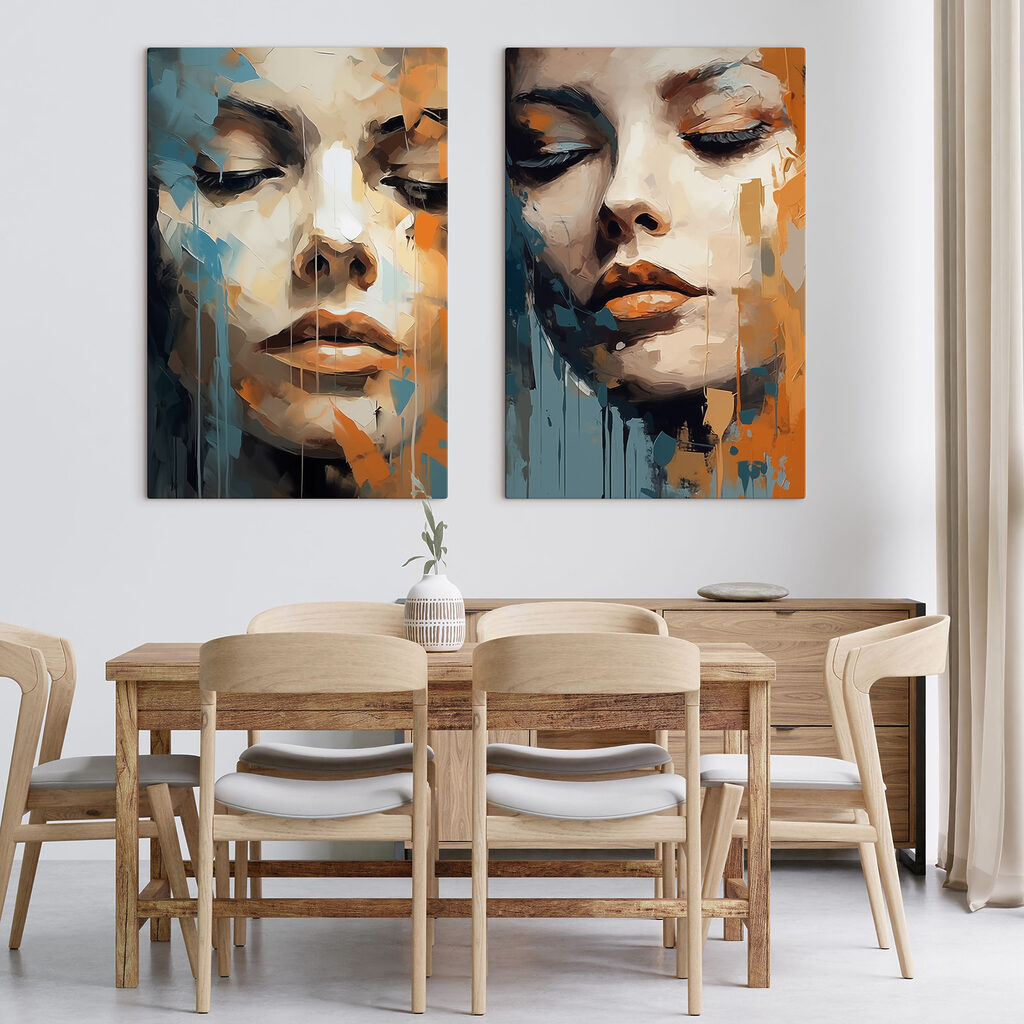 Woman's face with orange and blue paint