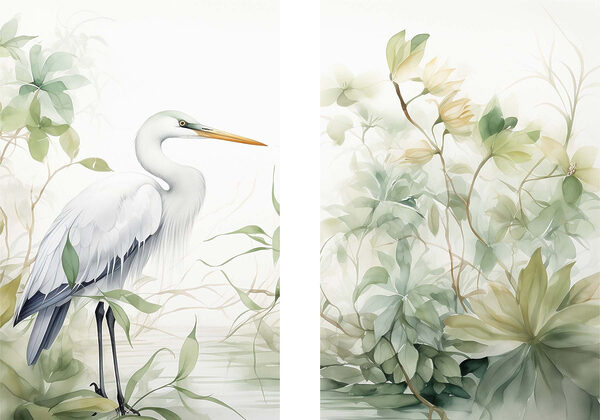 White bird with a long beak and a long beak standing in front of a plant