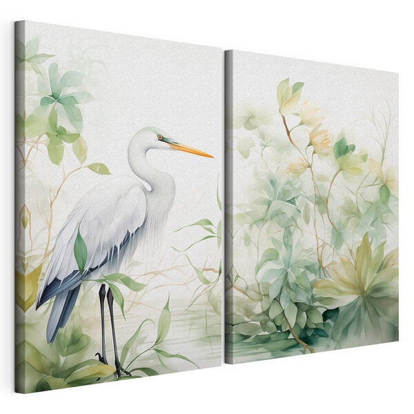 White bird with a long beak and a long beak standing in front of a plant
