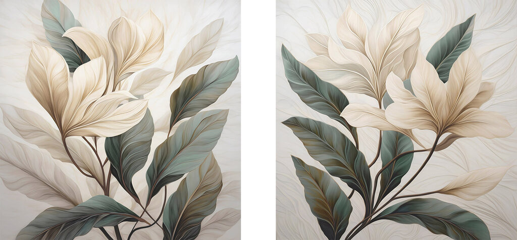 Painting of leaves on a white surface