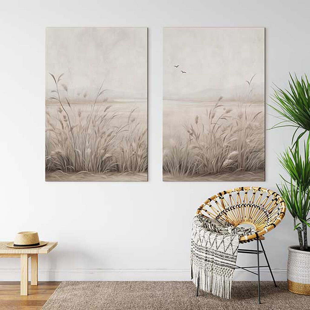 Painting of grass and birds flying