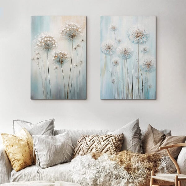 Painting of dandelions on a blue background