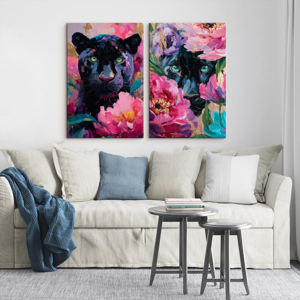 Painting of a panther and a panther with flowers