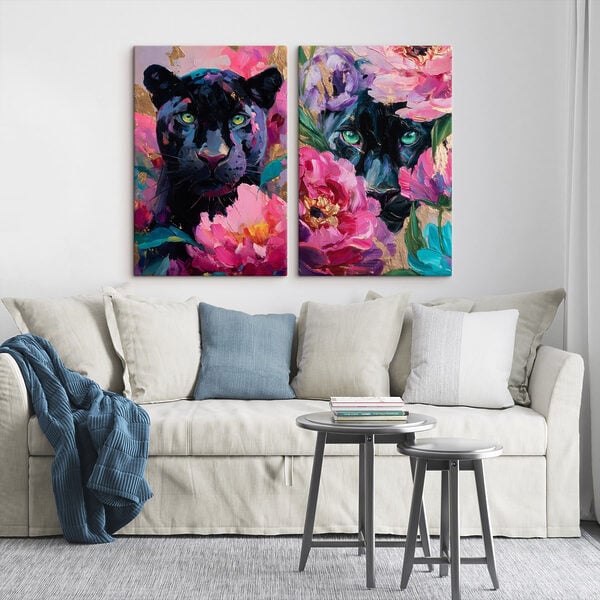 Painting of a panther and a panther with flowers