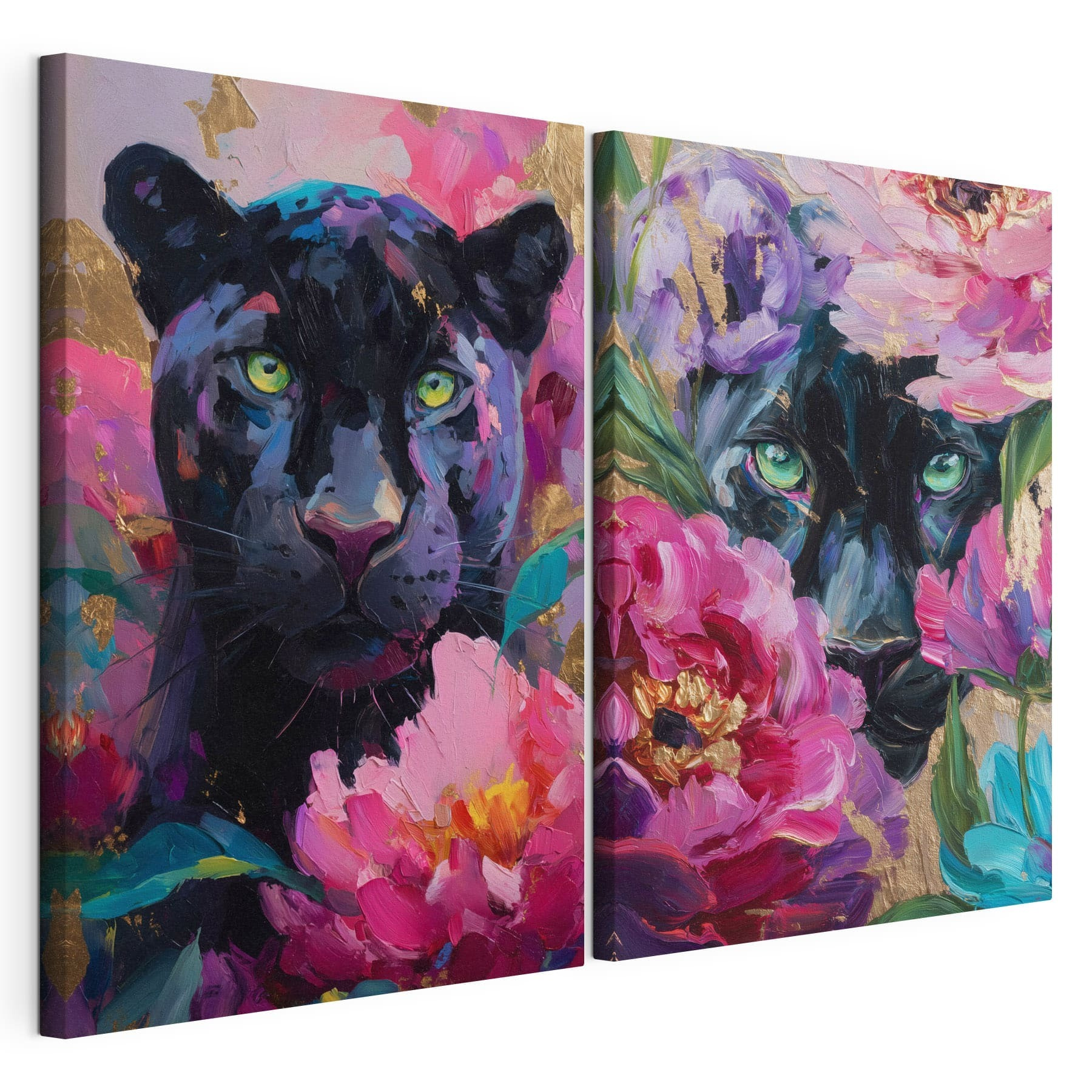 Painting of a panther and a panther with flowers