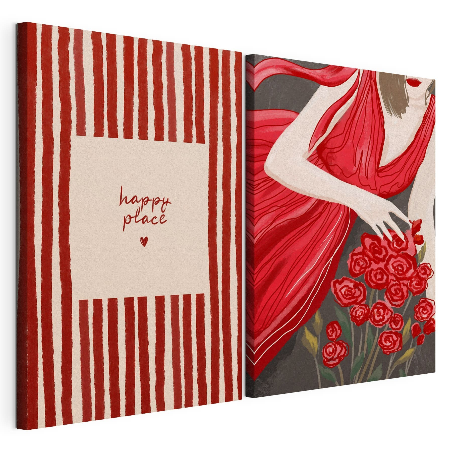 Woman in a red dress holding flowers