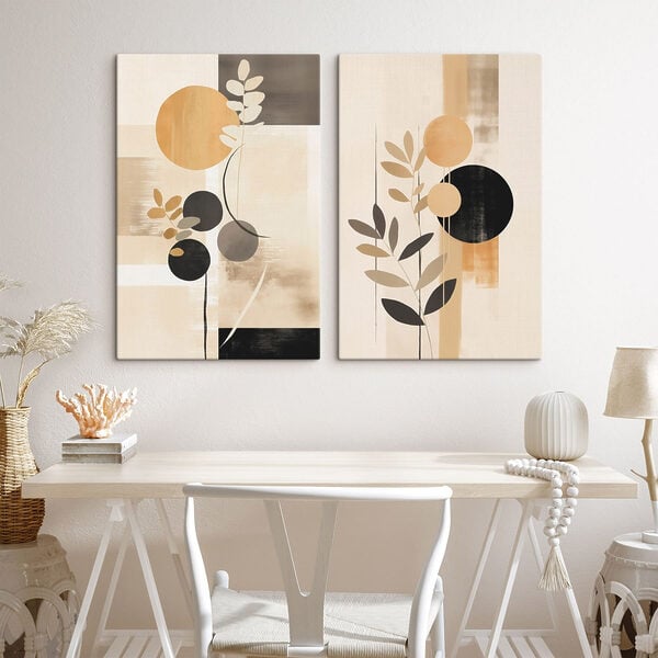 Two paintings of circles and leaves
