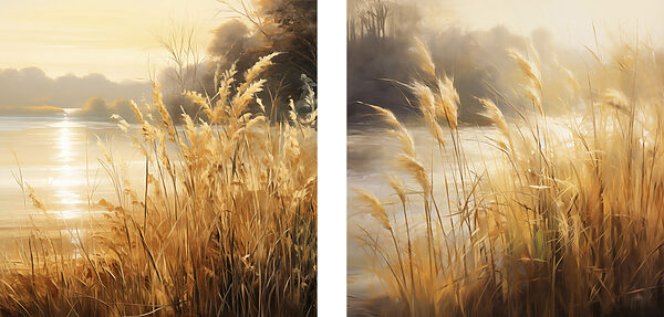 Painting of a river and a field of grass