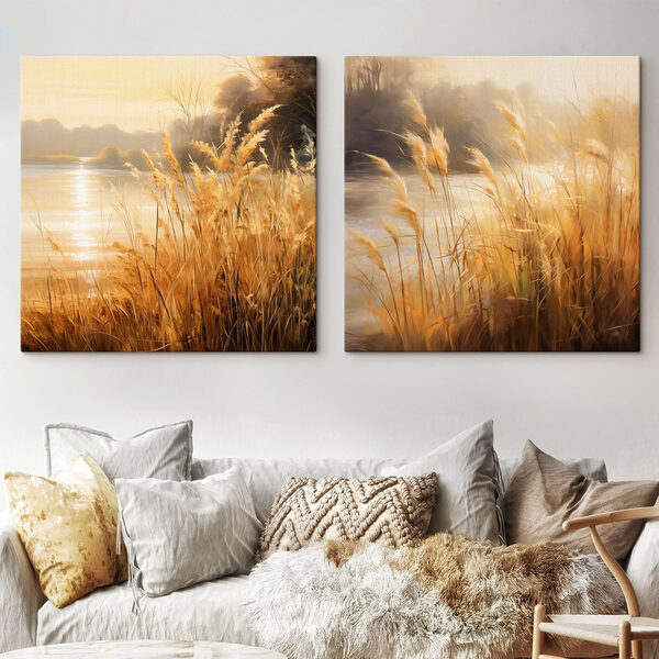 Painting of a river and a field of grass