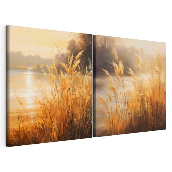 Painting of a river and a field of grass