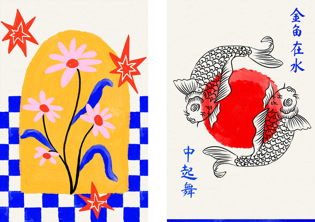 Two cards with flowers and fish
