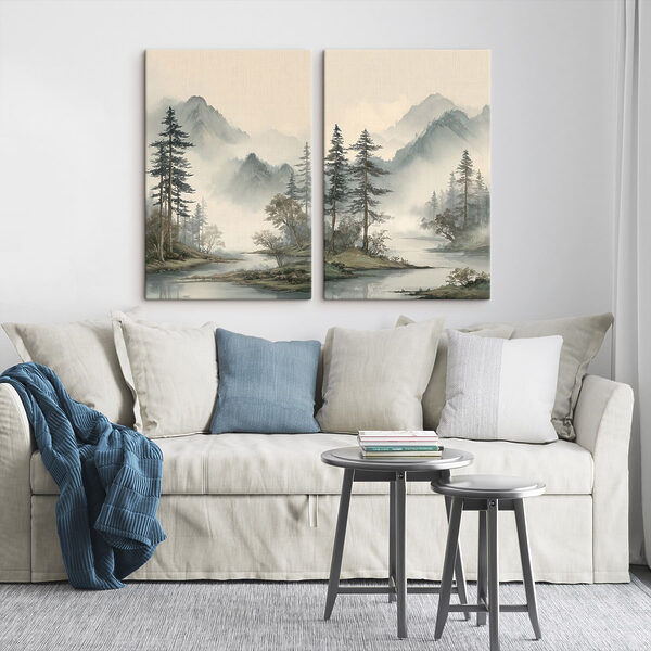 Painting of a river with trees and mountains