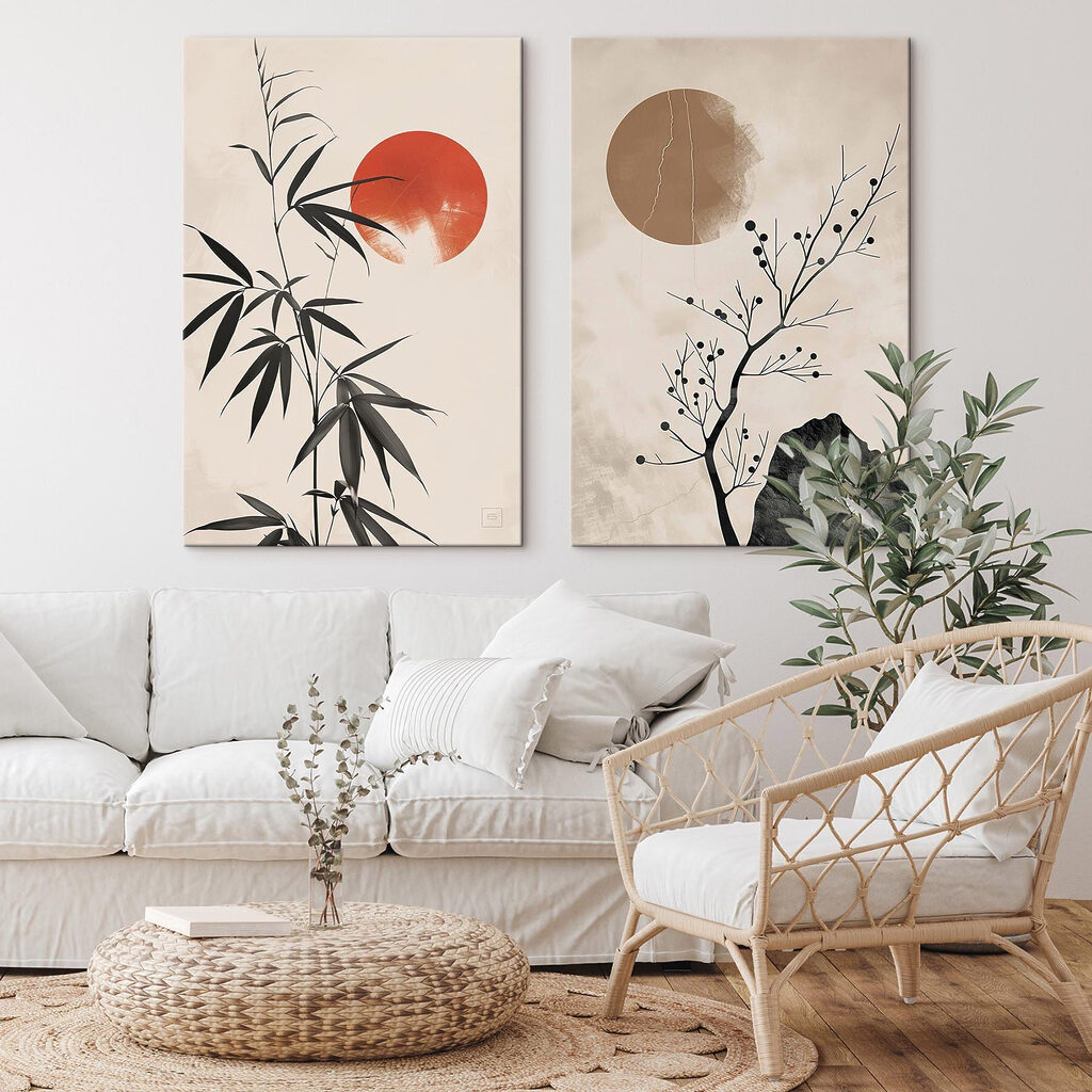 Two images of plants and a red sun